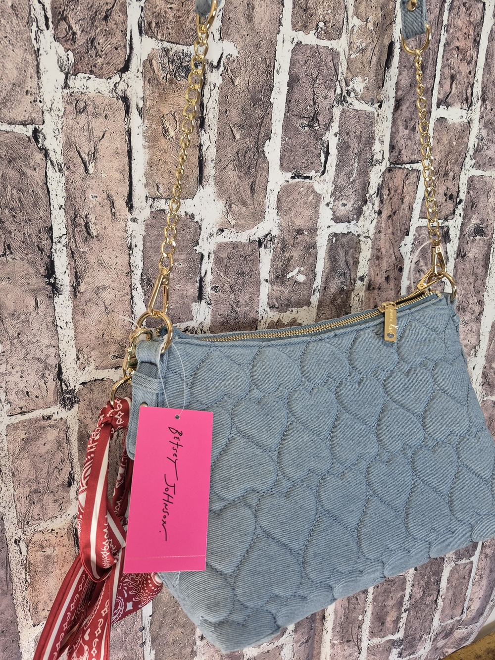 Betsey Johnson Denim Quilted Heart Crossbody Bag XOX With Bandana - Picture 9 of 16